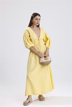 Balon Kol V Yaka Müslin Elbise - Sarı