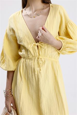 Balon Kol V Yaka Müslin Elbise - Sarı
