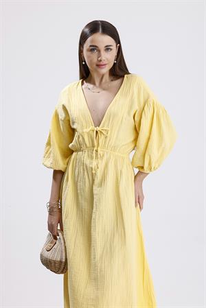 Balon Kol V Yaka Müslin Elbise - Sarı