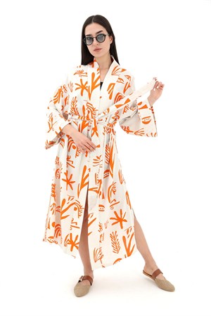 Baskılı Keten Kimono - Turuncu