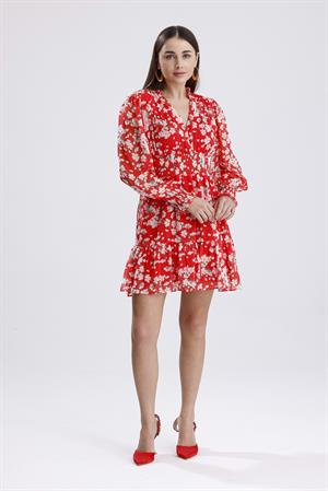 Beli Gipeli Papatya Desenli Şifon Elbise - Kırmızı