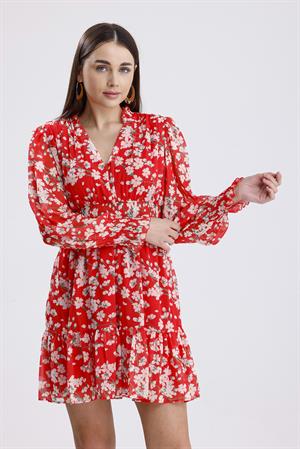 Beli Gipeli Papatya Desenli Şifon Elbise - Kırmızı