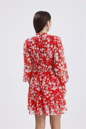 Beli Gipeli Papatya Desenli Şifon Elbise - Kırmızı