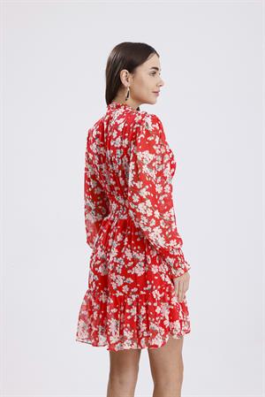 Beli Gipeli Papatya Desenli Şifon Elbise - Kırmızı