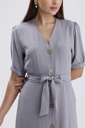 Beli Kuşaklı Uzun Aerobin Elbise - Gri