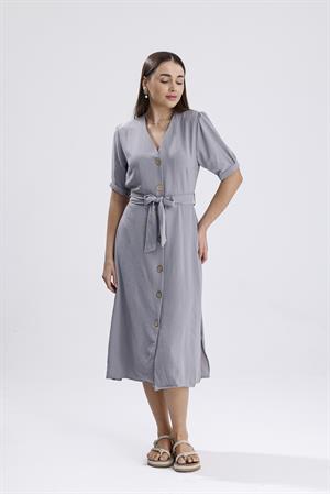 Beli Kuşaklı Uzun Aerobin Elbise - Gri