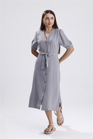 Beli Kuşaklı Uzun Aerobin Elbise - Gri