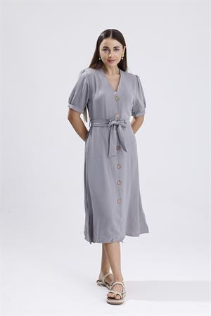 Beli Kuşaklı Uzun Aerobin Elbise - Gri