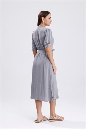 Beli Kuşaklı Uzun Aerobin Elbise - Gri
