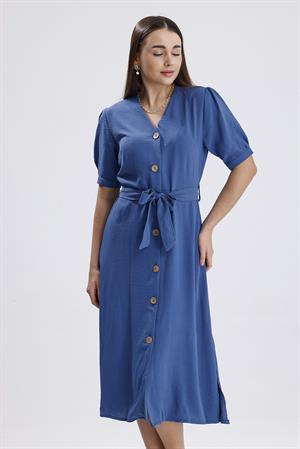 Beli Kuşaklı Uzun Aerobin Elbise - İndigo