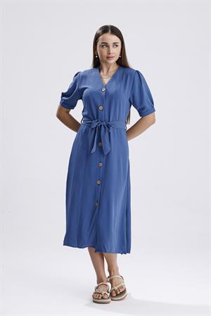 Beli Kuşaklı Uzun Aerobin Elbise - İndigo