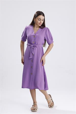 Beli Kuşaklı Uzun Aerobin Elbise - Lila