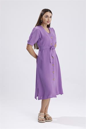 Beli Kuşaklı Uzun Aerobin Elbise - Lila
