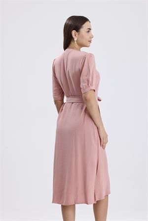 Beli Kuşaklı Uzun Aerobin Elbise - Pudra