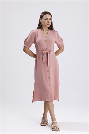 Beli Kuşaklı Uzun Aerobin Elbise - Pudra