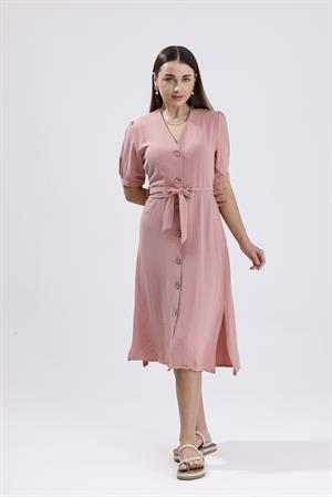 Beli Kuşaklı Uzun Aerobin Elbise - Pudra