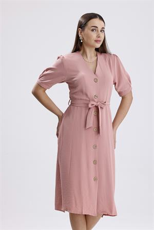 Beli Kuşaklı Uzun Aerobin Elbise - Pudra