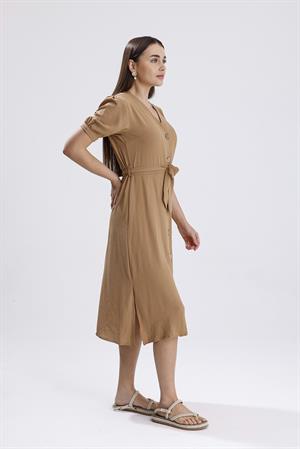 Beli Kuşaklı Uzun Aerobin Elbise - Vizon