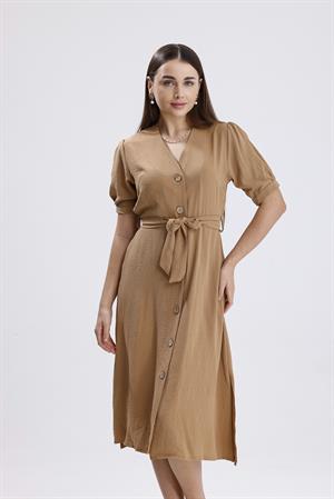 Beli Kuşaklı Uzun Aerobin Elbise - Vizon