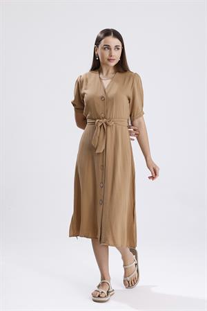 Beli Kuşaklı Uzun Aerobin Elbise - Vizon