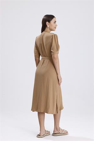 Beli Kuşaklı Uzun Aerobin Elbise - Vizon