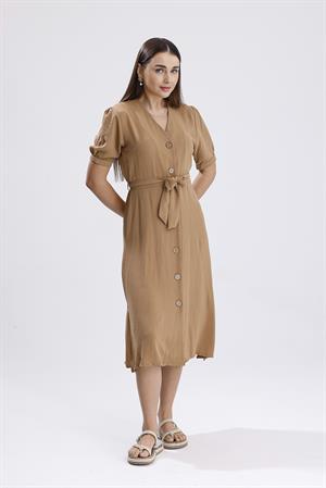 Beli Kuşaklı Uzun Aerobin Elbise - Vizon