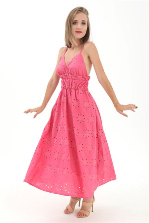 Beli Lastikli Astarlı Sırt Dekolte Brode Elbise - Fuşya