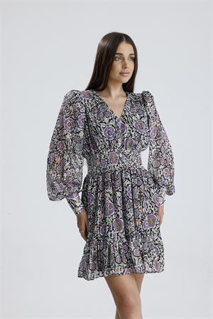 Beli Lastikli Desenli Şifon Elbise - Lila