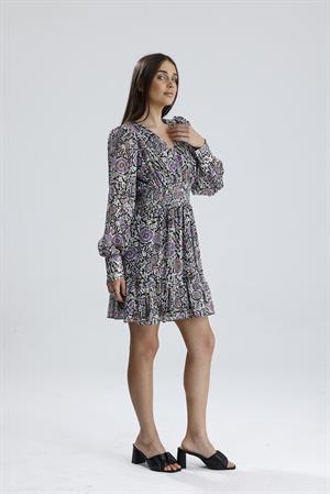 Beli Lastikli Desenli Şifon Elbise - Lila