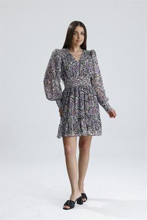 Beli Lastikli Desenli Şifon Elbise - Lila