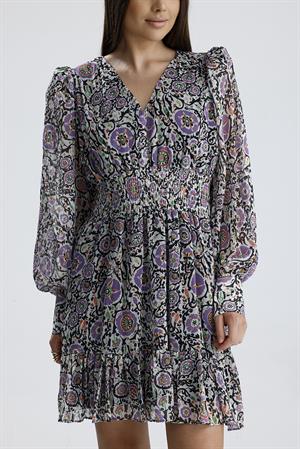 Beli Lastikli Desenli Şifon Elbise - Lila