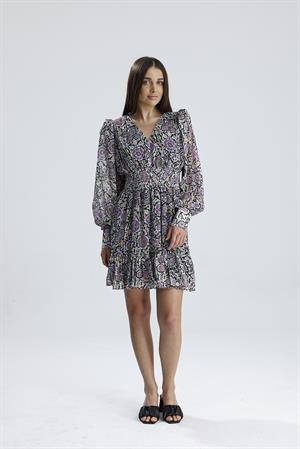 Beli Lastikli Desenli Şifon Elbise - Lila