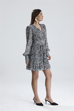 Beli Lastikli Desenli Şifon Elbise - Mint Yeşili