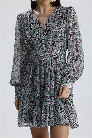 Beli Lastikli Desenli Şifon Elbise - Mint Yeşili