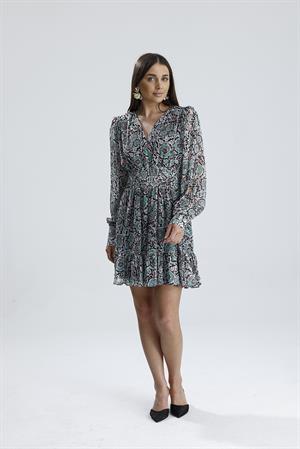 Beli Lastikli Desenli Şifon Elbise - Mint Yeşili