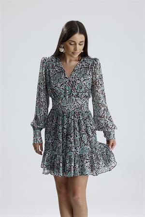 Beli Lastikli Desenli Şifon Elbise - Mint Yeşili