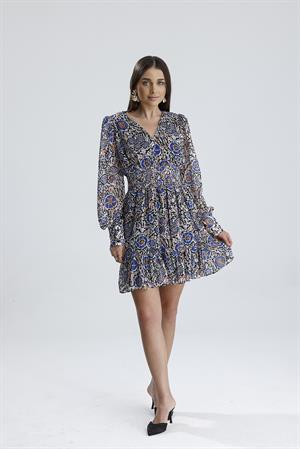 Beli Lastikli Desenli Şifon Elbise - SaksMavisi