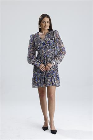 Beli Lastikli Desenli Şifon Elbise - SaksMavisi