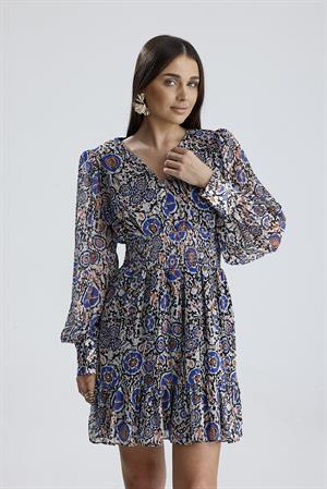 Beli Lastikli Desenli Şifon Elbise - SaksMavisi