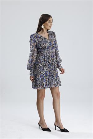 Beli Lastikli Desenli Şifon Elbise - SaksMavisi