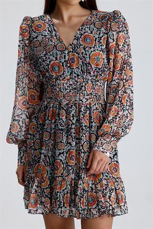 Beli Lastikli Desenli Şifon Elbise - Turuncu