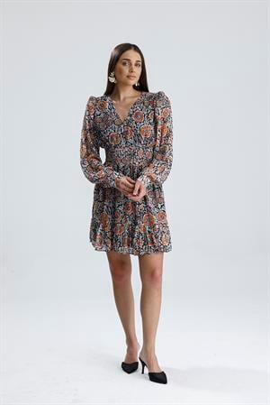 Beli Lastikli Desenli Şifon Elbise - Turuncu