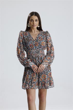 Beli Lastikli Desenli Şifon Elbise - Turuncu