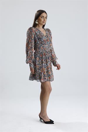 Beli Lastikli Desenli Şifon Elbise - Turuncu