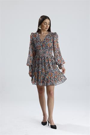 Beli Lastikli Desenli Şifon Elbise - Turuncu