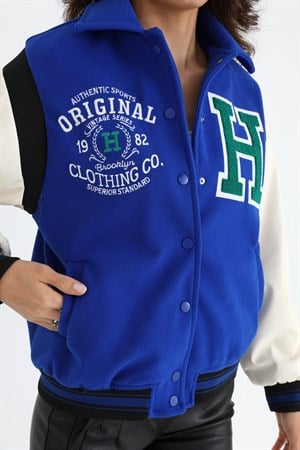 Beli Lastikli Kolları Deri Kolej Ceket Mont - SaksMavisi