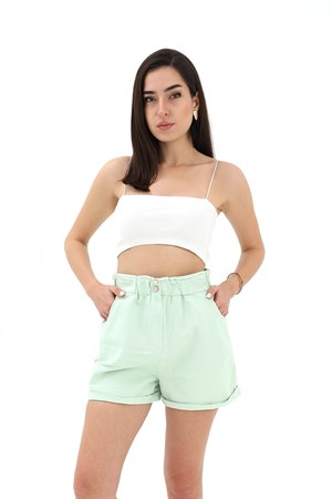 Beli Lastikli Önü Çıtçıtlı Kadın Gabardin Şort - Mint Yeşili