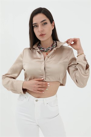 Beli Lastikli Saten Gömlek - Bej