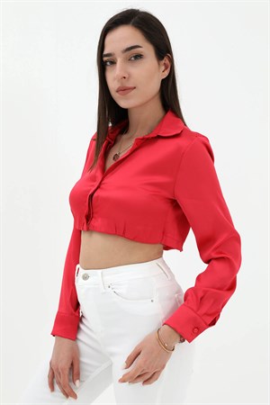 Beli Lastikli Saten Gömlek - Kırmızı
