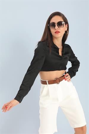 Beli Lastikli Saten Gömlek - Siyah